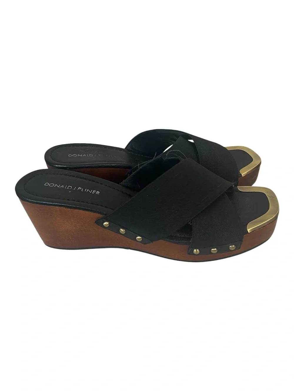 Donald J. Pliner Carra Black Crisscross Mules with Brass Toe Accent
